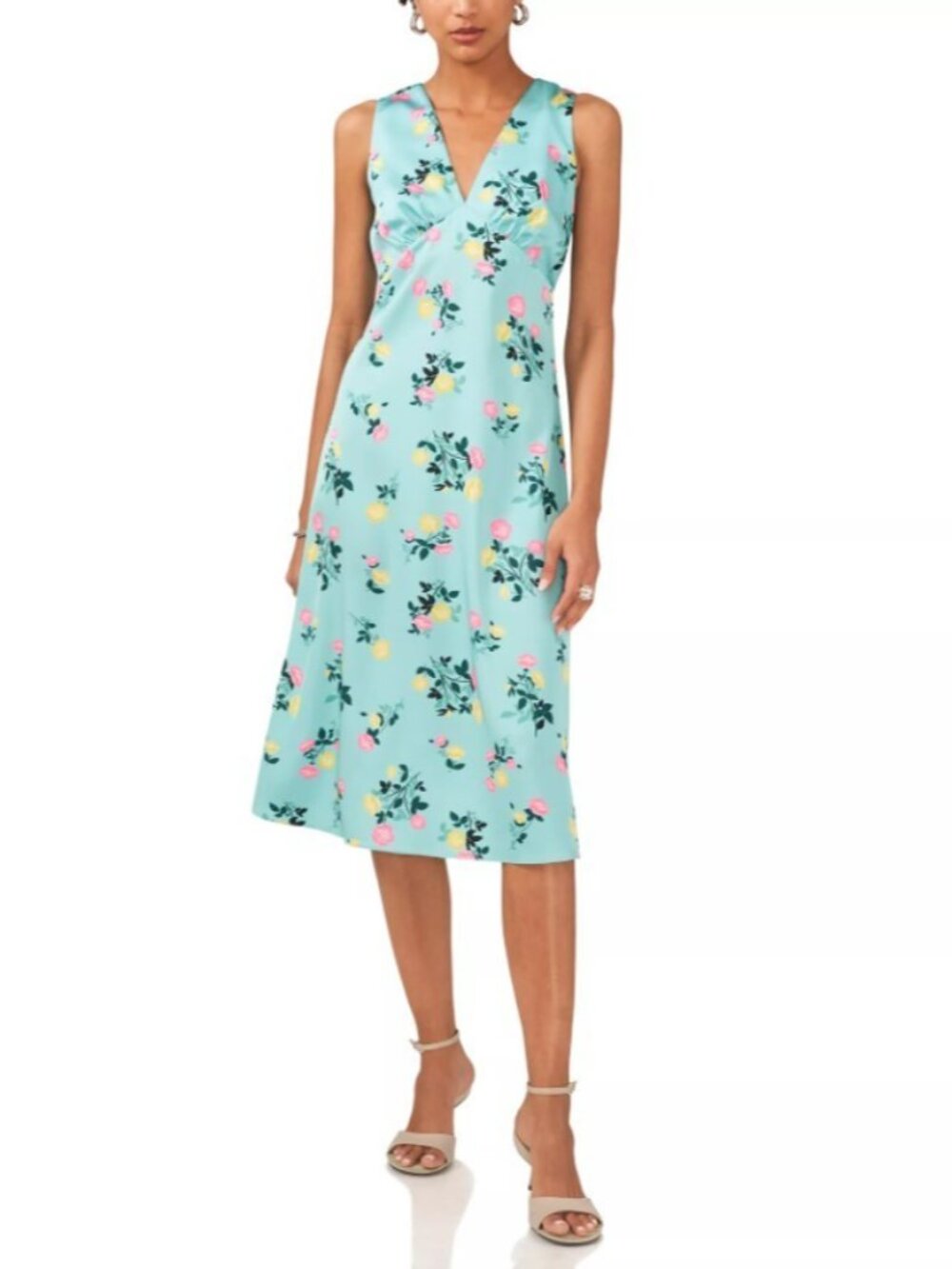 1.STATE Women's Deep V-Neck Floral-Print Midi Dress Ocean Teal Size 4